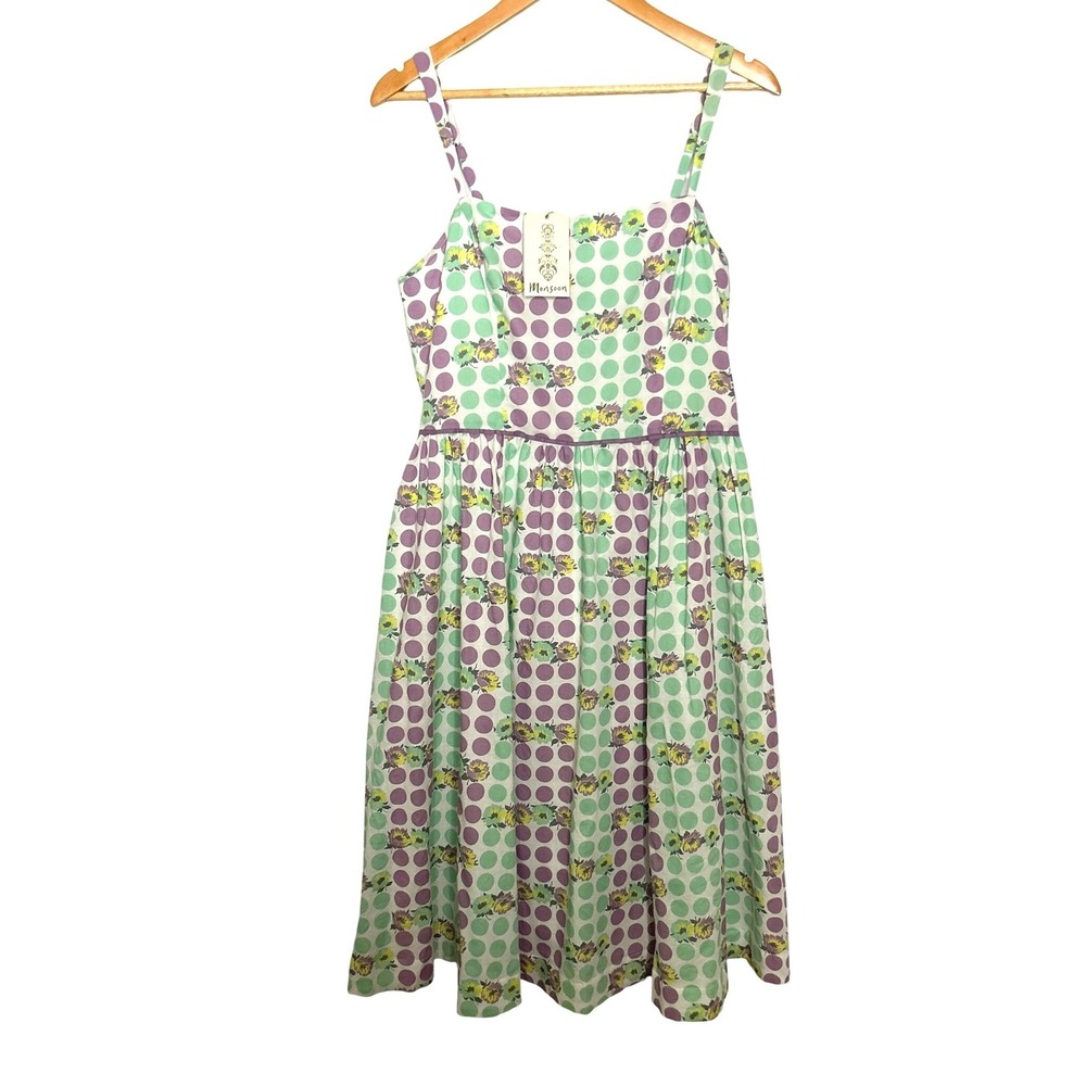 Monsoon NWT Cotton Floral Polka Dot Fit & Flare Midi Dress 14 Smocked Coquette